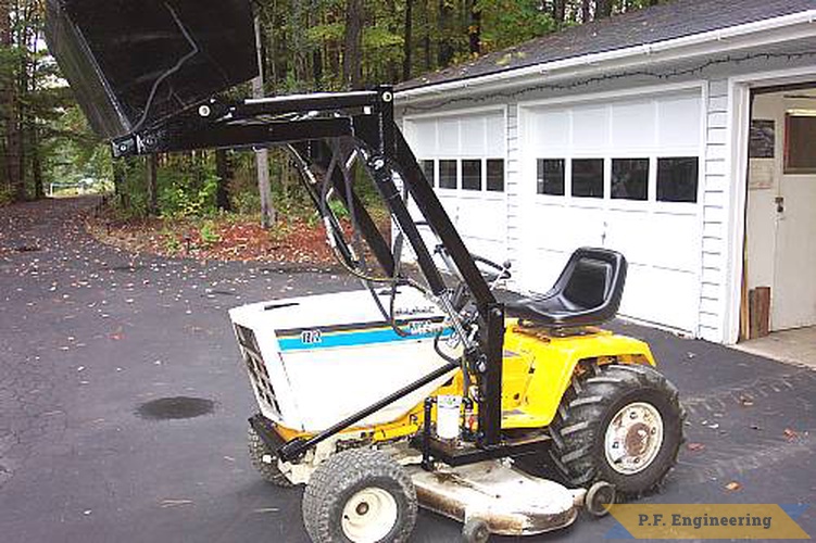 Joel S. in Corning, NY put the loader on this super garden tractor cub cadet 1872 using a side frame mount subframe and powering the pump from the output shaft from the hydro. | Cub Cadet 1872 garden tractor loader_1