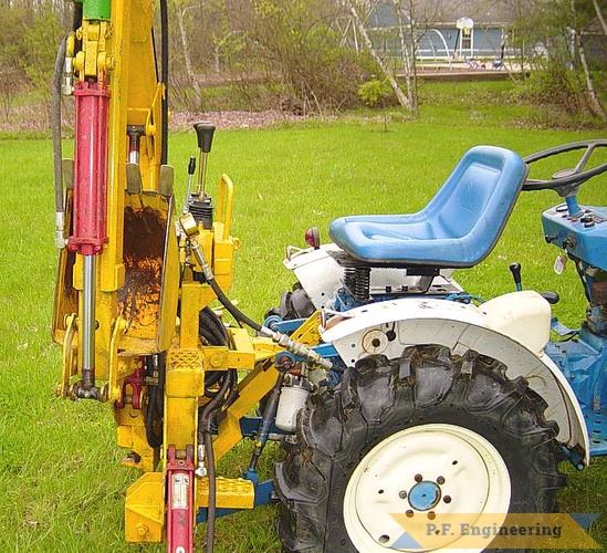 here is the 170 degree boom rotation demonstrated and 3 point hitch mounting. | Ford 1110 compact tractor Micro Hoe_1